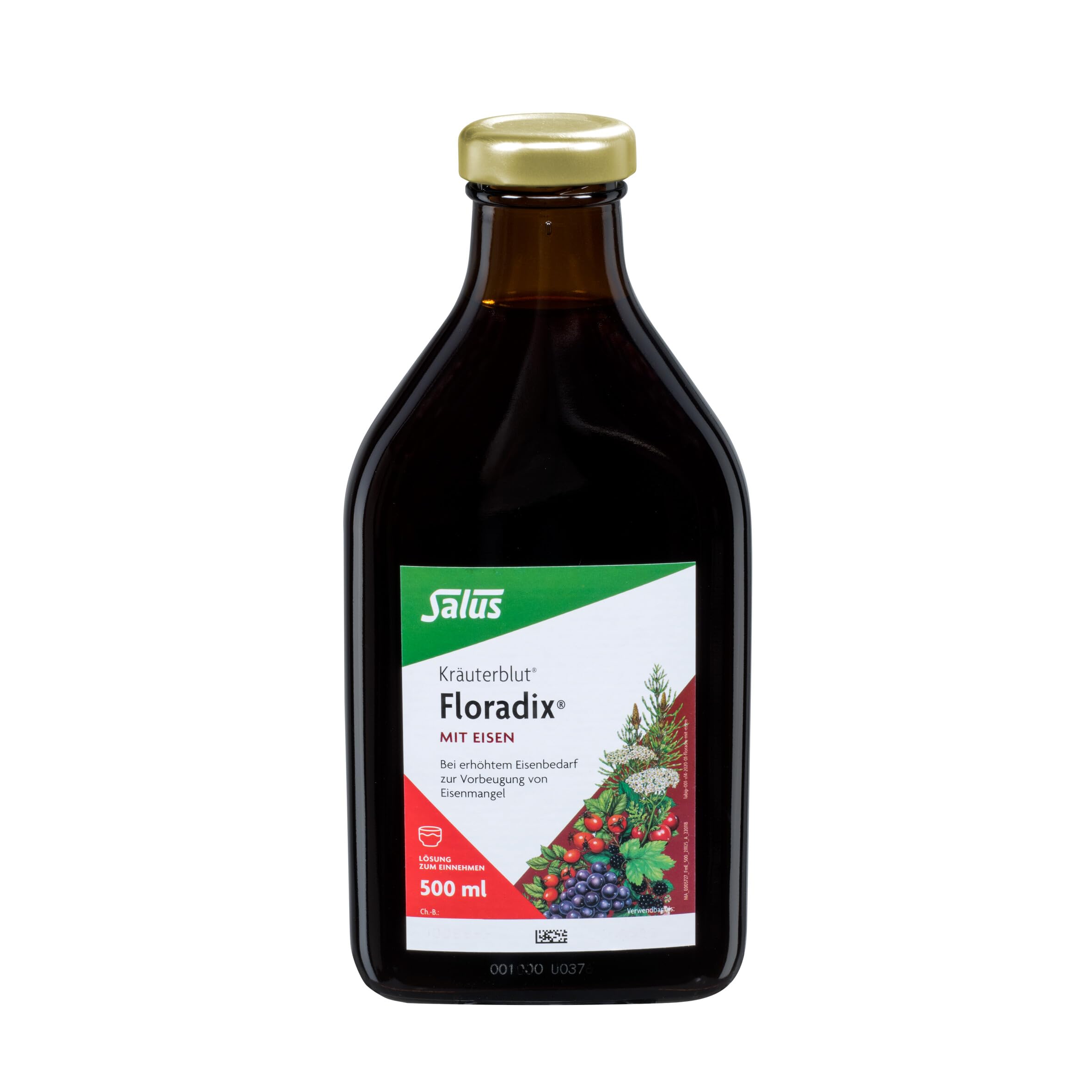 Salus Kräuterblut Floradix mit Eisen – Bei erhöhtem Eisenbedarf zur Vorbeugung von Eisenmangel – mit Eisen(II)-gluconat – freiverkäufliches Arzneimittel, 500 ml – rot