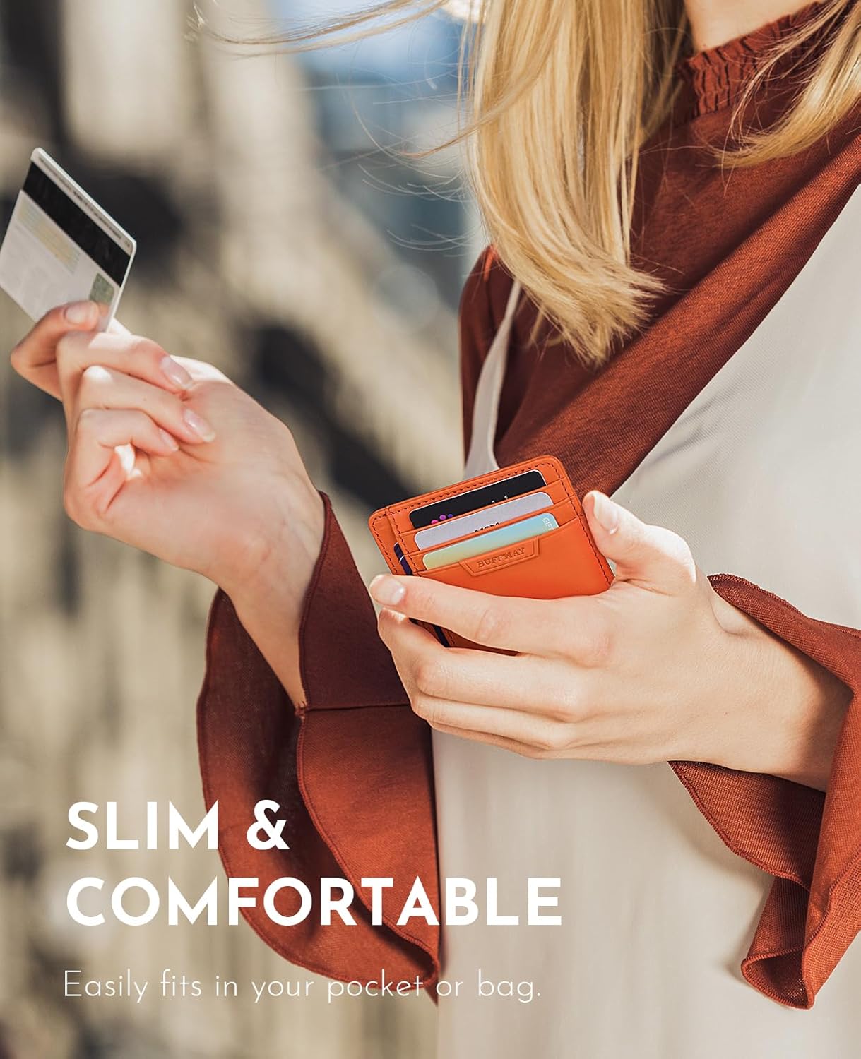 Buffway Slim Wallet for Men Women Minimalist Small Leather Front Pocket Wallets with RFID Blocking and Gifts Box - Bassa Orange - Image 3