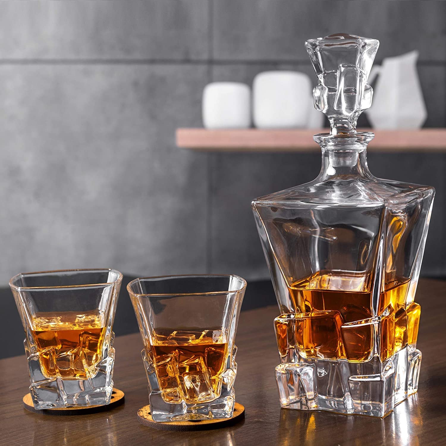 ZIXTERT Whiskey Decanter Set with 6 Glasses, Tequila Bourbon Decanter Whiskey Gifts for Men,Liquor Decanter Dispenser Whiskey Set,Vodka Crystal Decanters for Alcohol (Block)