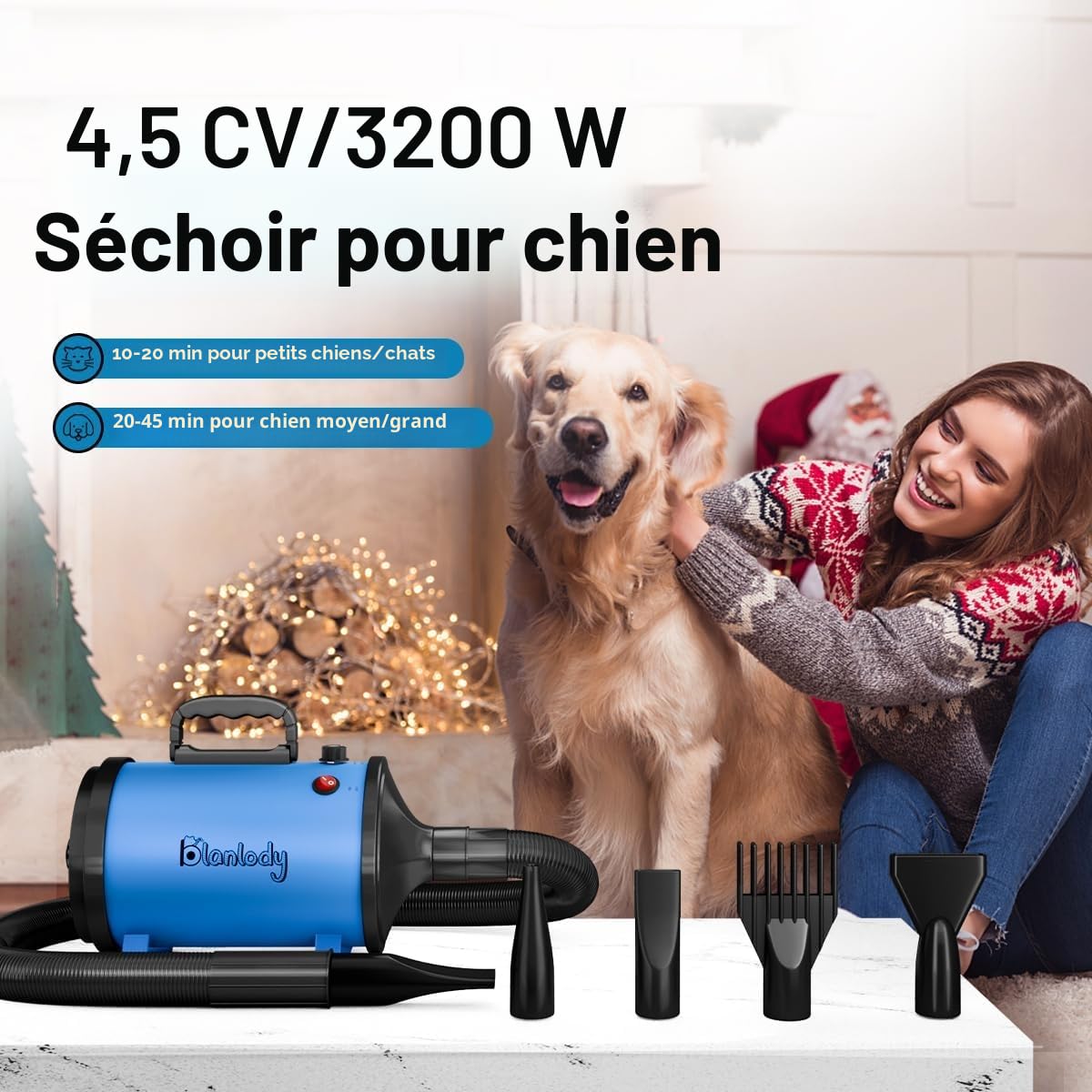 Pulseur pour Chien Blower - Très Silencieux - 4,5 CV / 3200 W - Moteur réglable - Souffleur de Soins pour Chien avec 4 Buses différentes - Tuyau élastique et Brosse d'entretien