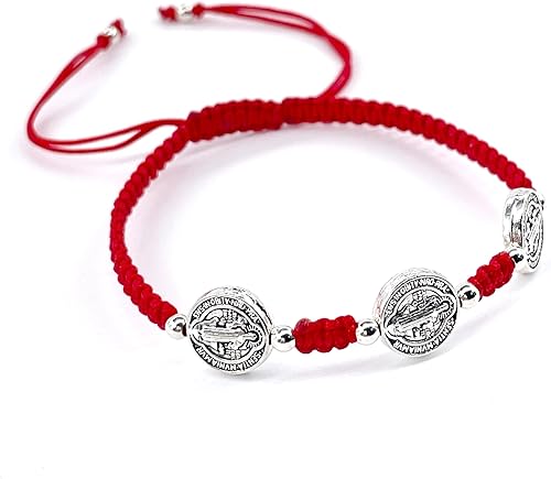 Miniatura 9 de Bracelet with three silver-tone double-sided Saint Benedict Medals on Adjustable Braided Cord with Macramé Knot for Women (Black) (Black)