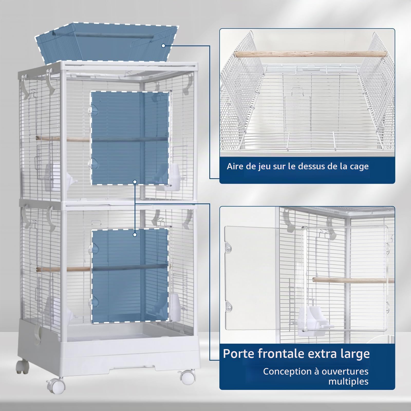 Garvee Grand Cage à Oiseaux 46x46x110cm, avec roulettes, Double Compartiment, Toit ouvrant pour Jeu, Séparation Amovible, Nettoyage Facile, Structure en Acier Durable Non Toxique pour perroquets