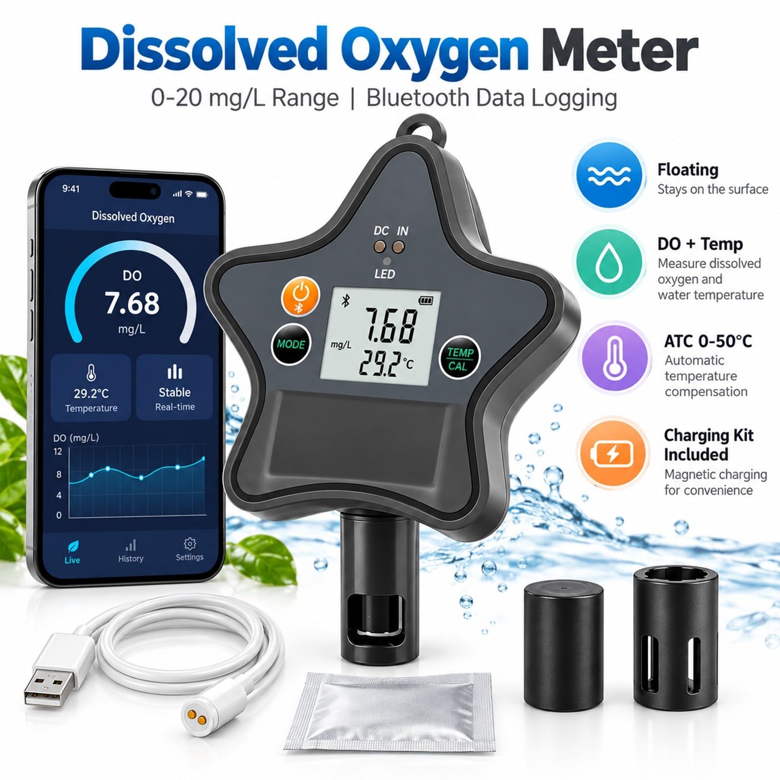 Medidor de Oxígeno Disuelto Bluetooth for Calidad del Agua de Acuarios