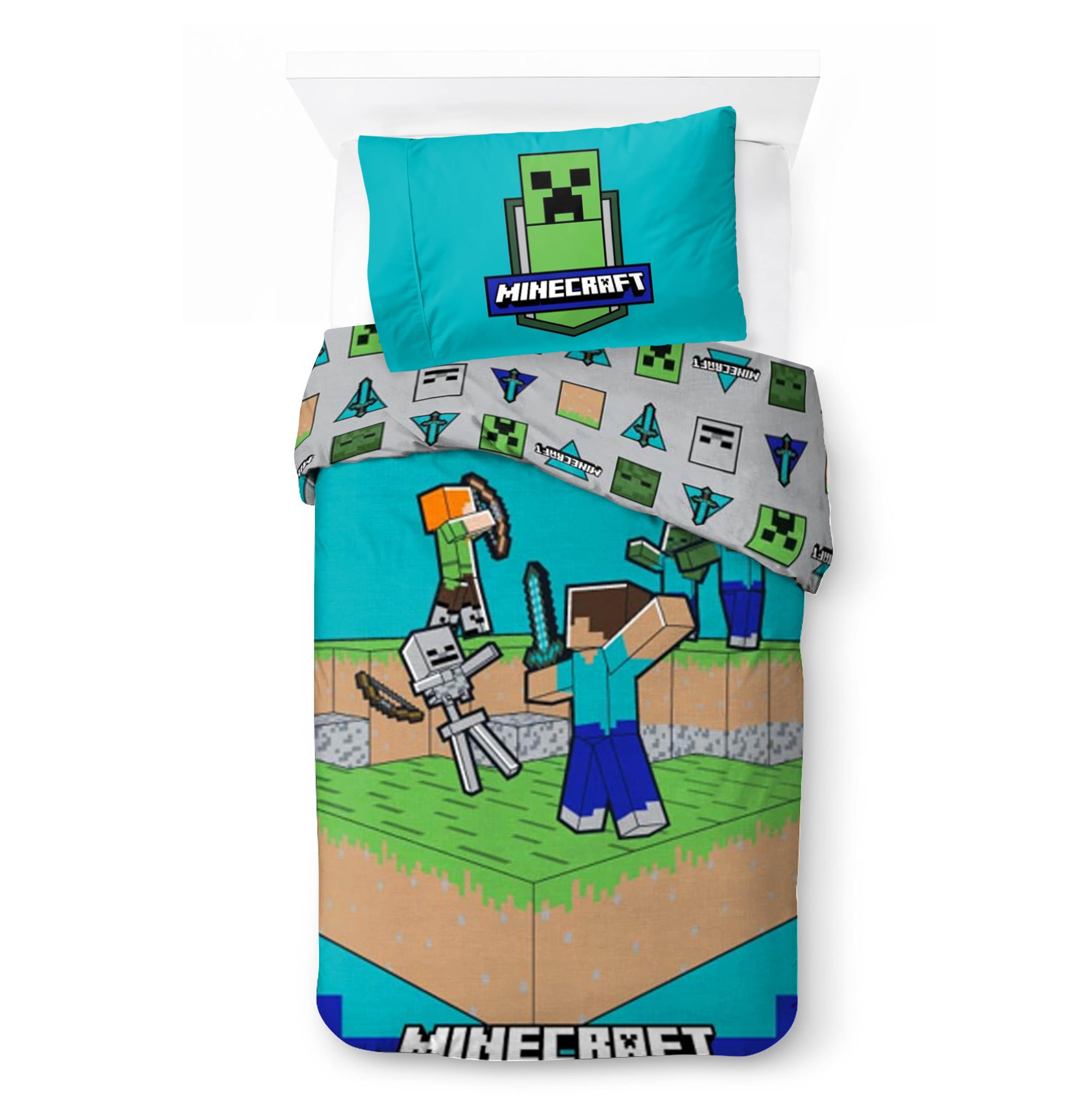 Minecraft Kids Bedding Set | Single Size Duvet Cover 140x200 cm with Pillowcase 50x70 cm, 100% Cotton | Soft, Colorful & Riversible Bedlinen Set for Kids | Official Minecraft ''The fight is On''