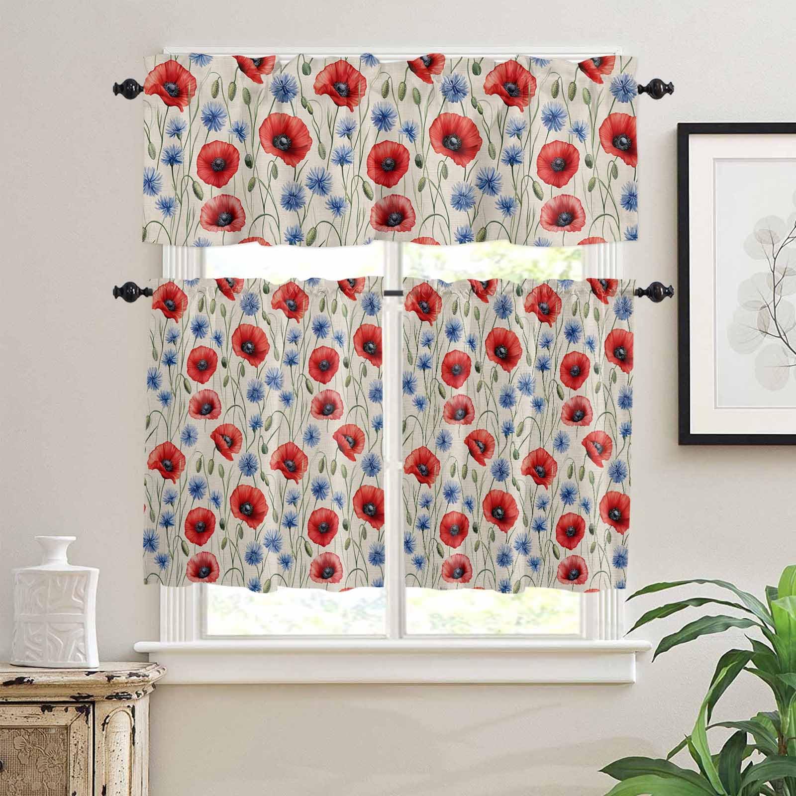 Red Poppy Flower Kitchen Curtains 24 Inch Length,3 Piece Rod Pocket Small Half Tiers and Valance Set,Blue Daisy Floral Patriotic 4th of July Small Large Window Treatment Decor for Bedroom/Bathroom