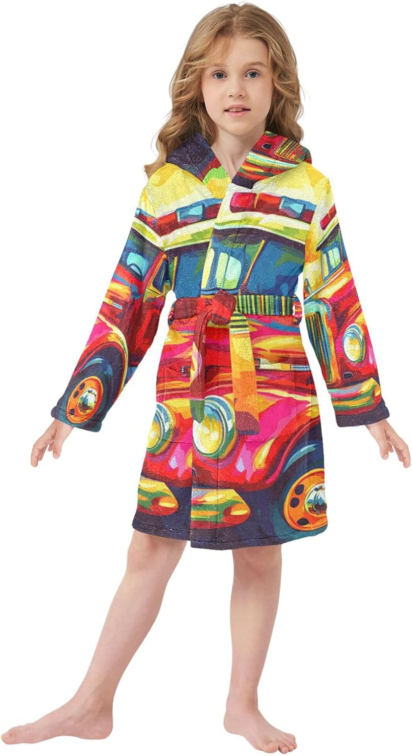 Fire Engine Truck Doodle Bathrobe Hooded PJ Robe Soft Fleece Robe Pajama Sleepwears 2-12 Years