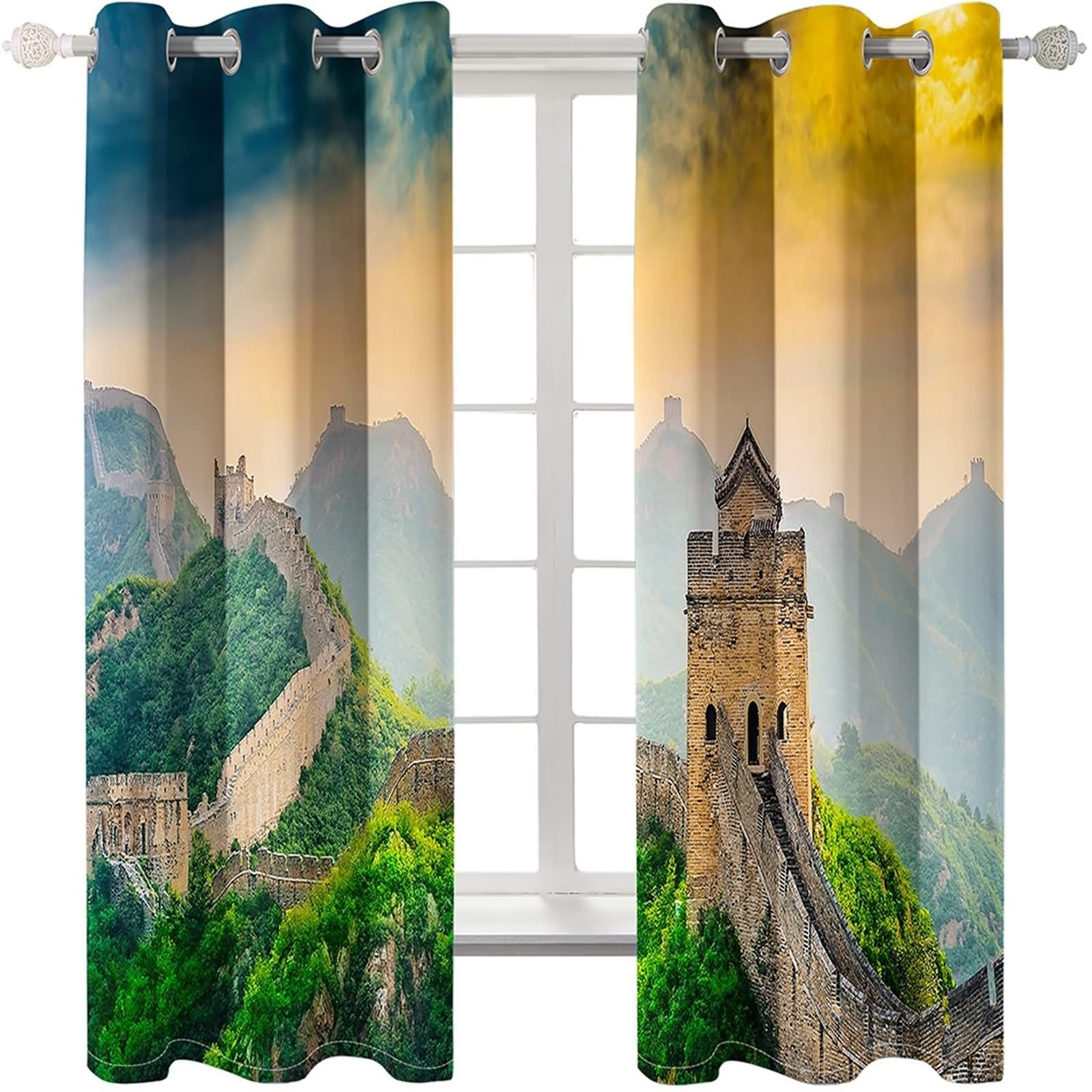 Zasłona okienna, zaciemnienie zasłony żółty zielony brązowy krajobraz wielkiego muru poliester 2 panele 204x244cm