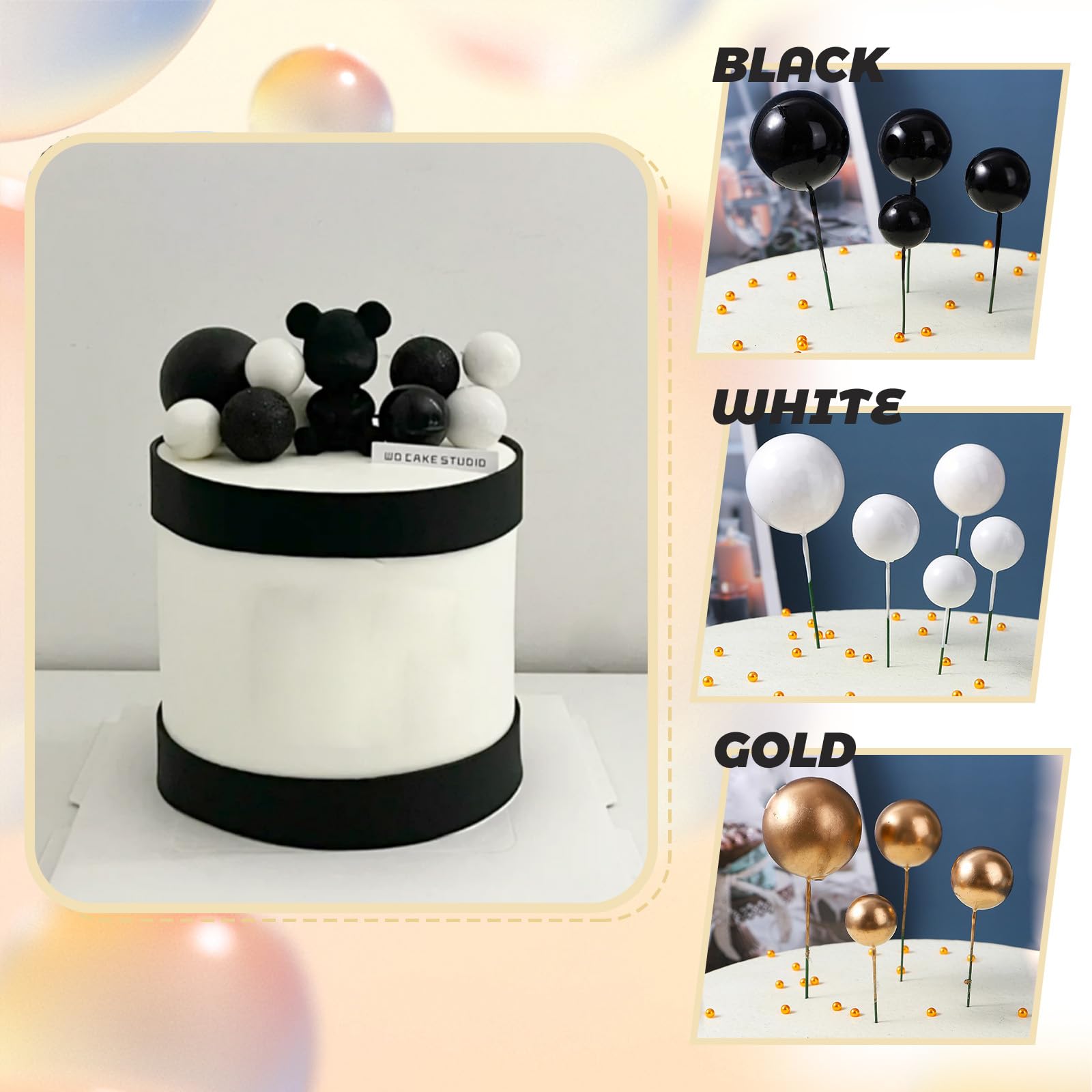 54Pcs Cake Toppers Ball, Black Gold Ball Cake Decorations, Mini Gold Balloon for Cupcakes, Cake Topper Ball for Wedding Birthday Halloween Party Cake (Black, White, Gold)