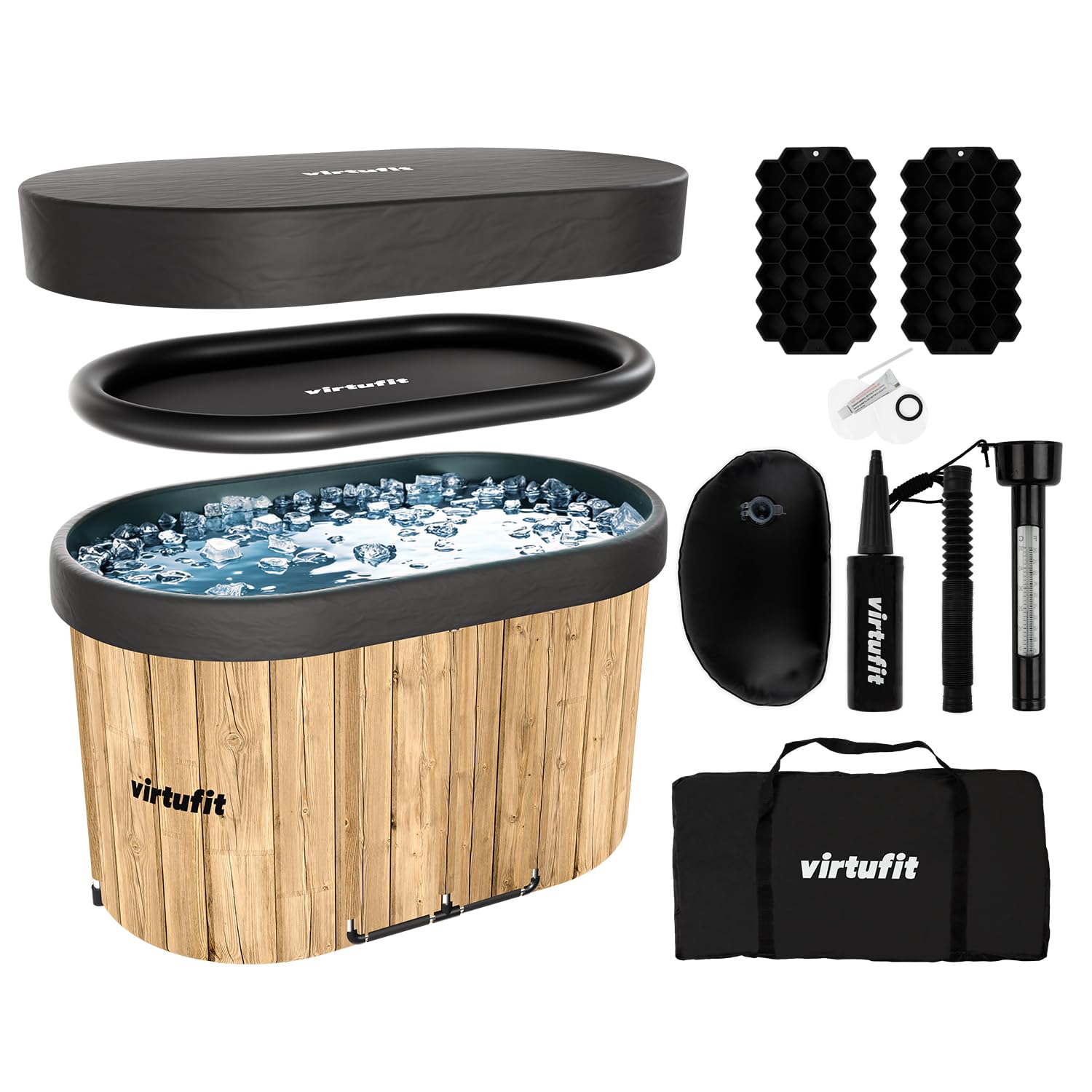 VirtuFit Eisbad Oval 500L Wood Look – Kaltwasserbecken Ice Bath für Regeneration & Muskelerholung – faltbar, 5-lagige Isolierung, inkl. Zubehör, Outdoor & Indoor