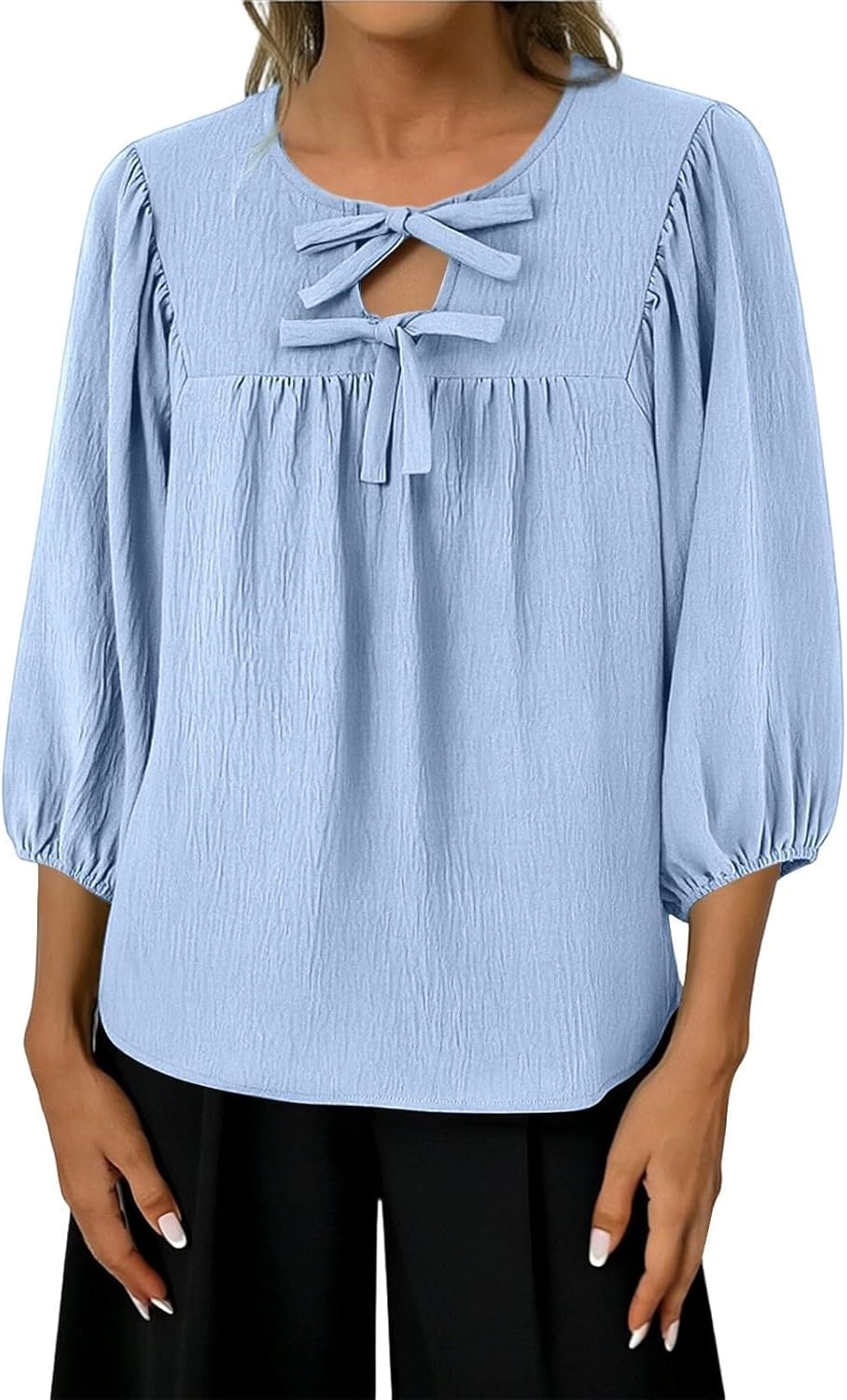 3/4 Length Sleeve Womens Tops 2026 Dressy Casual V Neck Flowy Bow Tie Babydoll Blouses Elegant Loose Peasant Shirts