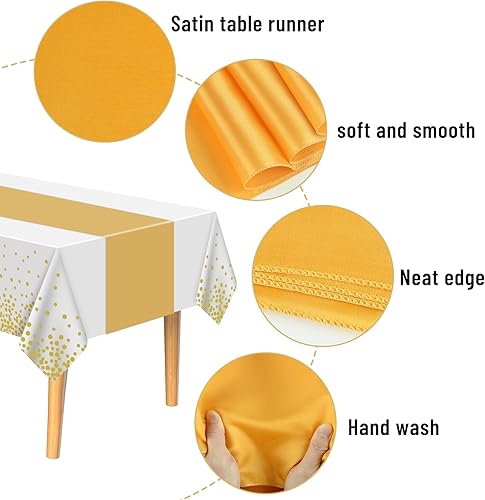Miniatura 4 de PLULON Juego de 12 manteles de plástico y camino de mesa de satén, mantel rectangular de lunares blancos y rosas, camino de mesa de satén dorado