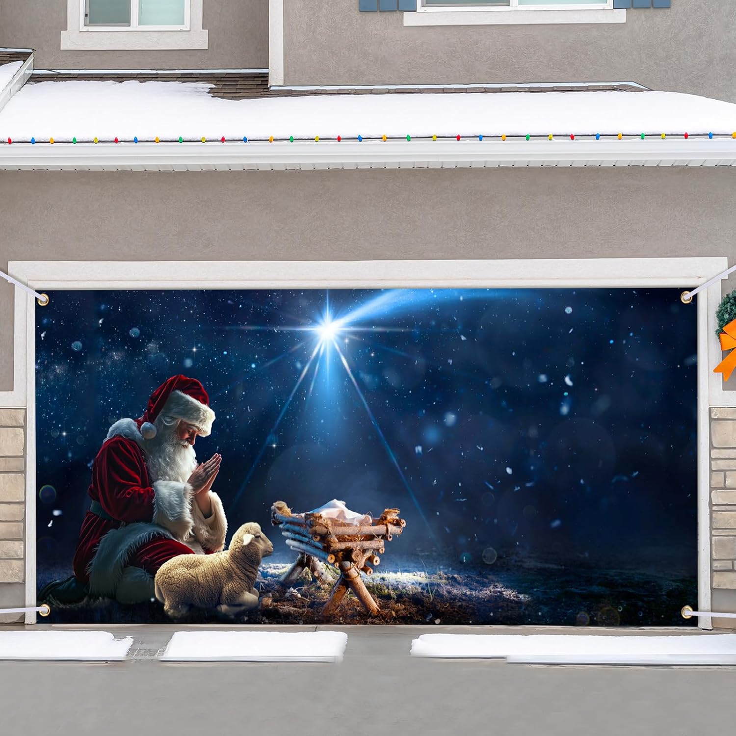 Outdoor Nativity Set Christmas Garage Door Cover Decorations 6 x 13 ft Kneeling Santa Claus Praying to Baby Jesus Nativity Garage Large Xmas Nativity Scene for Outdoor Holiday Party Favors