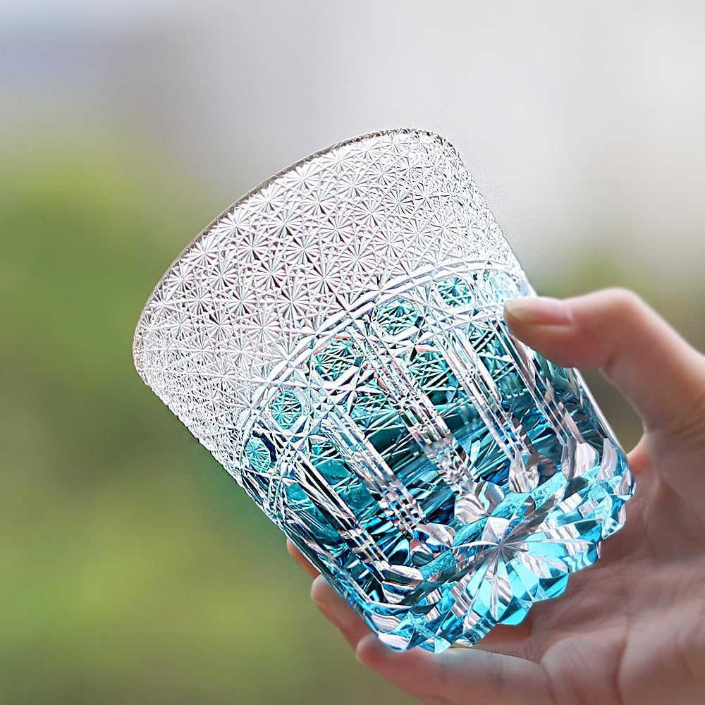 JINZHI Japanese Edo Kiriko Whiskey Glass Yulan Jade Wave Hand Engraved Crystal Old Fashioned Tumbler for Bourbon Scotch Luxury Barware (Whiskey glass)