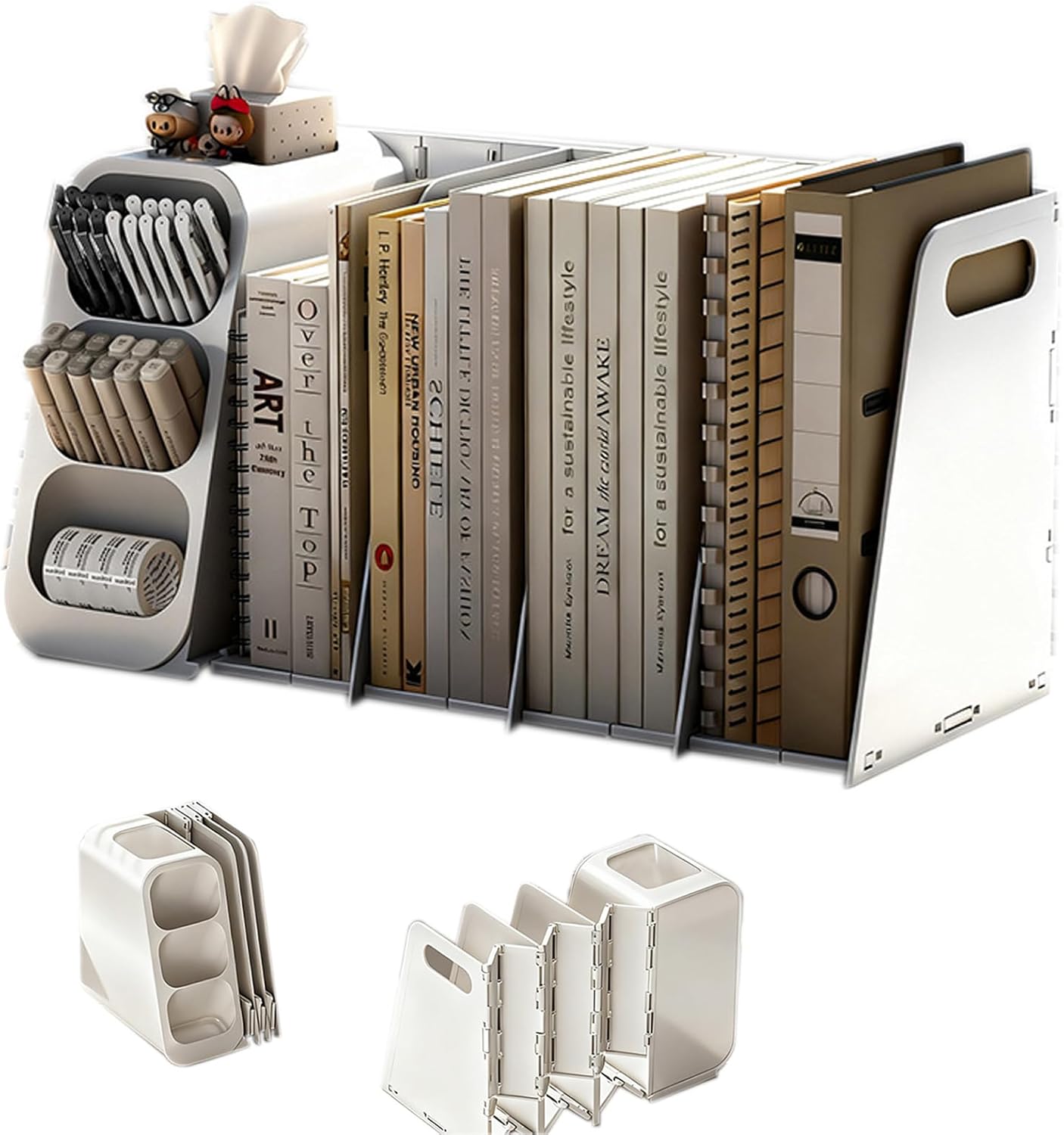 2in1 ペンホルダー+ ブックスタンド 卓上収納 仕切り デスク整理 本立て 書類整理 3段/4段伸縮自在 卓上収納 伸縮できるブ