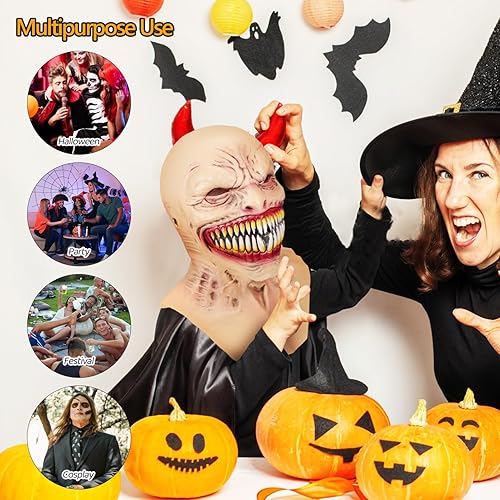 Miniatura 9 de Toyvian Máscara de fantasma de Halloween, máscara de zombi de cabeza completa, de látex natural, monstruo con colmillos, para Halloween, vampiro,