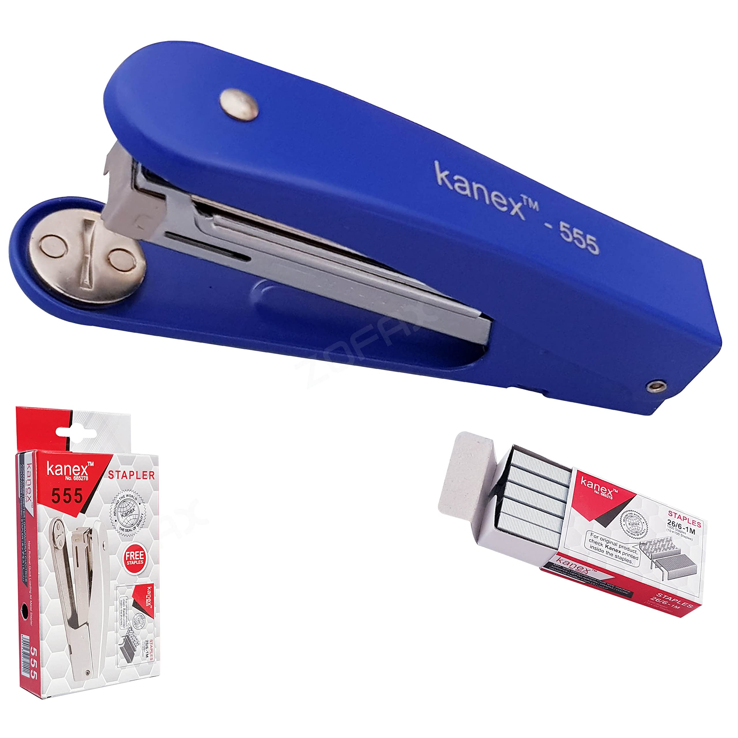 ZOFAX Curve Metal Robust Stapler, 1000 x 26/6-1M Staples, 30 Sheets Stapling Capacity, Blue Body, School Office Home Use, 1 x iZOFAX Black Ball Pen