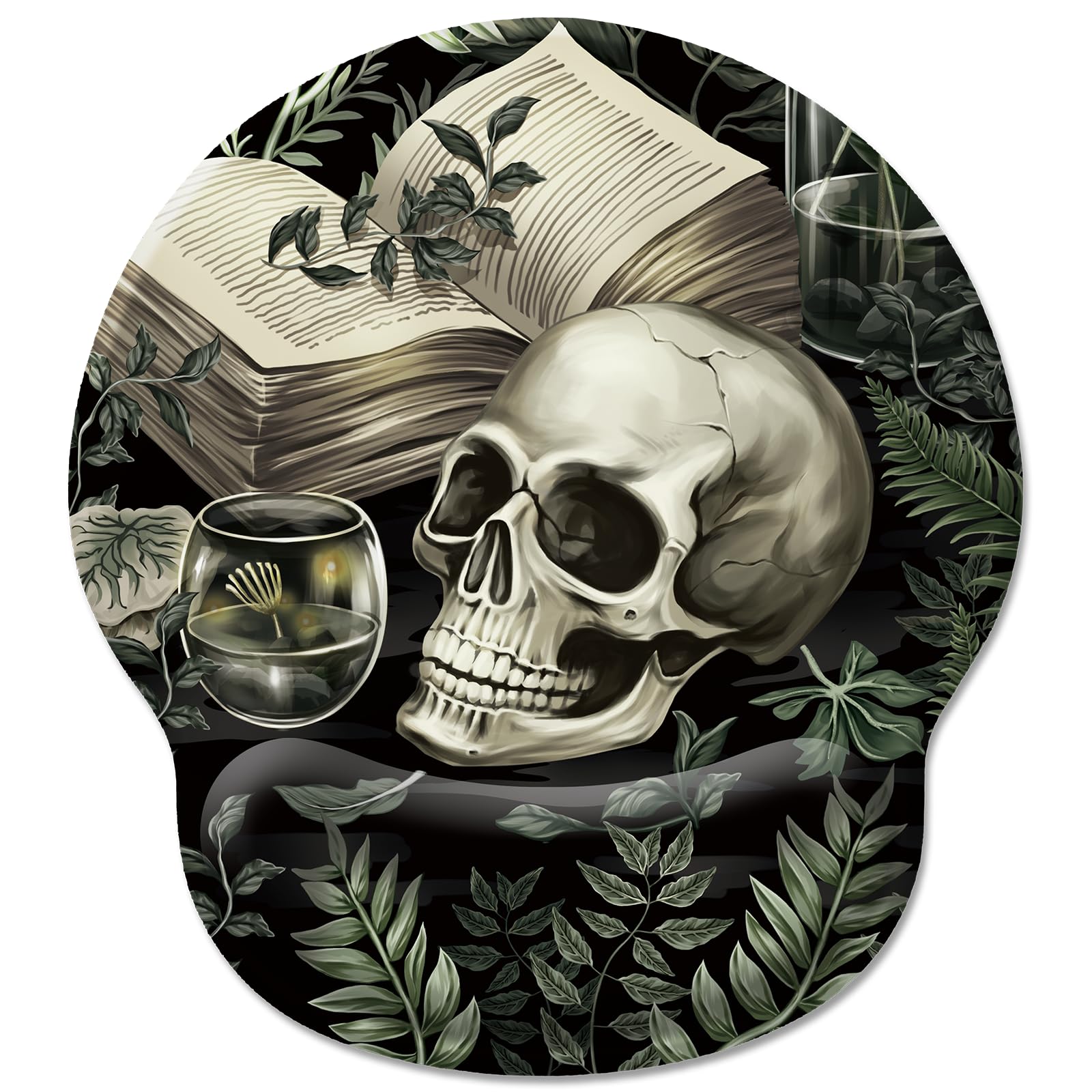 Hancynir Goth Funny Skull Plant Mouse Pad with Wrist Rest, Gothic Book Leaves Ergonomic Mouse Pads, Computer Mousepad with Non-Slip Base, Cute Mouse Pad for Desk Accessories Office Decor Supplies