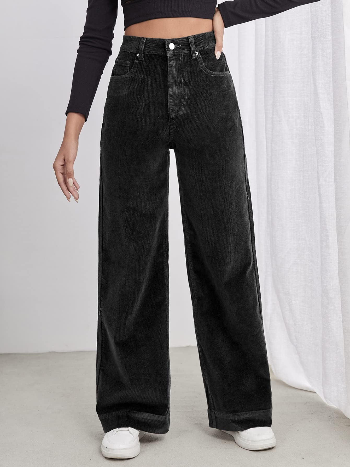 Pants for Women - High Waist Slant Pocket Cord Pants Color Black Size Medium