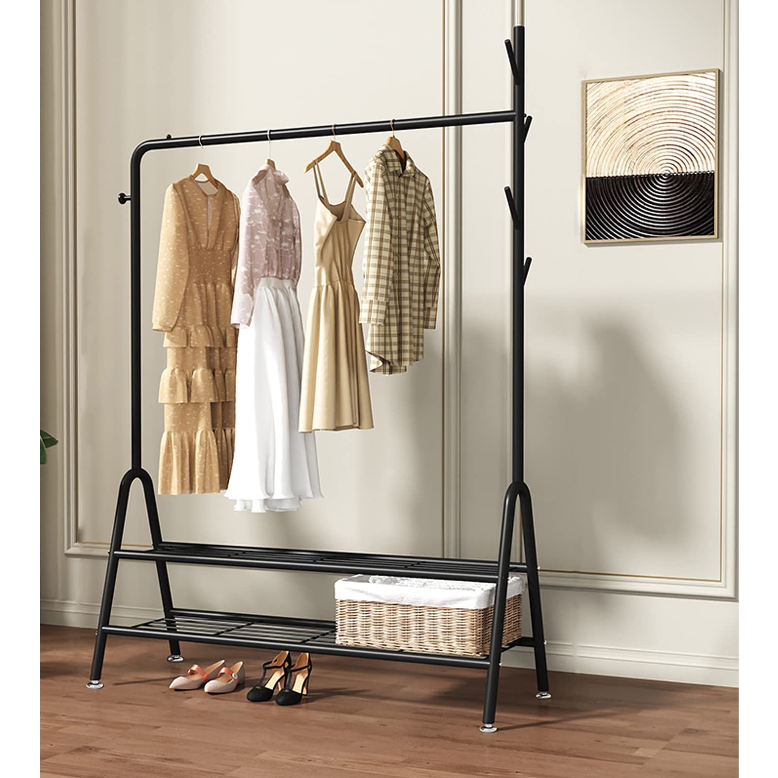 YNBSHGAA Metal Hall Tree with Hoo Multi-functal Coat Rack Freestanding Garment Hanr with 2-Tier Sto Shelves for Bedroom and Entryway nizat,Black-100cm