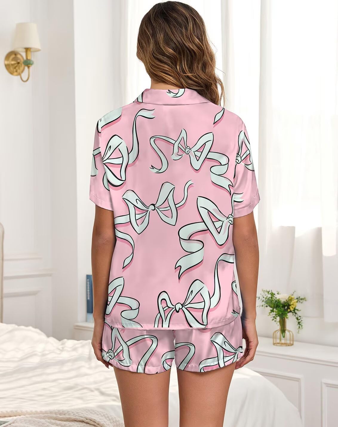 Brosloth Womens Silk Pajamas Summer Short Sleeve Floral Print Plaid Button Up Satin Pjs Set Loungewear Sets - Image 5