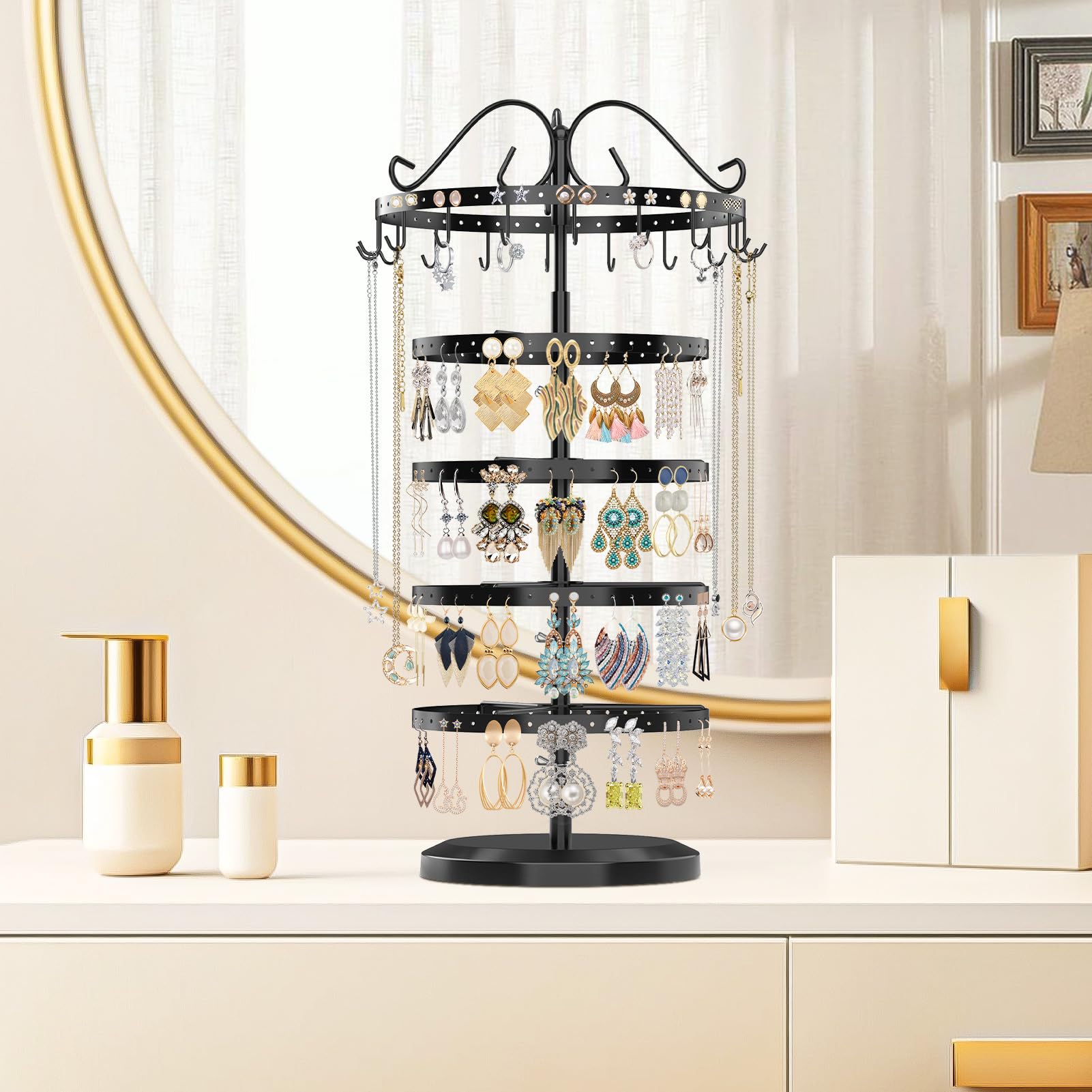 4-Tier Rotating Earring Holder Stand – Adjustable Metal Display With 160 Holes For Studs, Hoops, Dangle Earrings