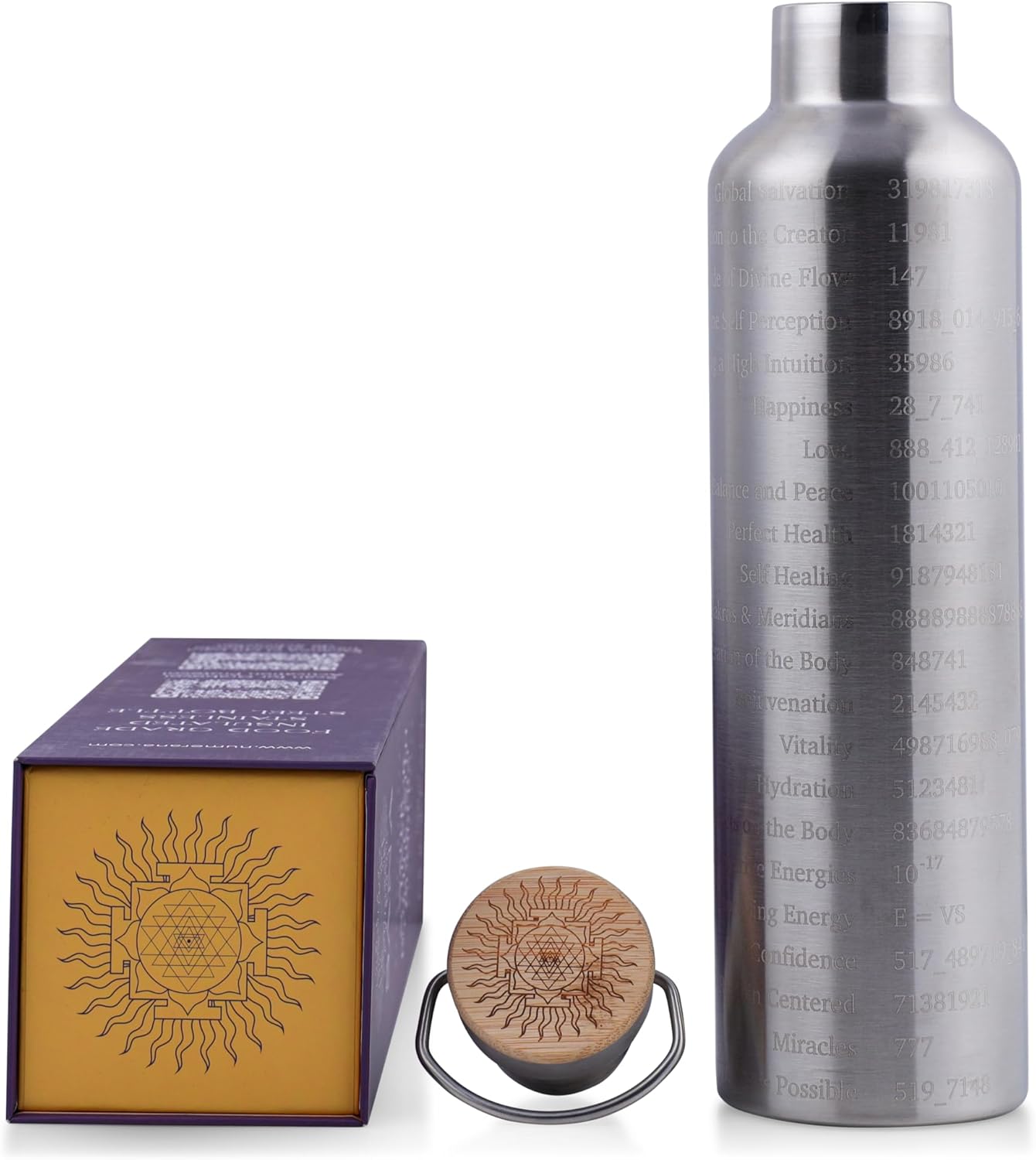 SANA Numerana Grabovoi Water Bottle 1L (34 oz) Stainless Steel | Water Activator Bottle Double-Walled Insulated Silver Bottle with Engraved Grabovoi Numbers (2.0 Version) - Image 4