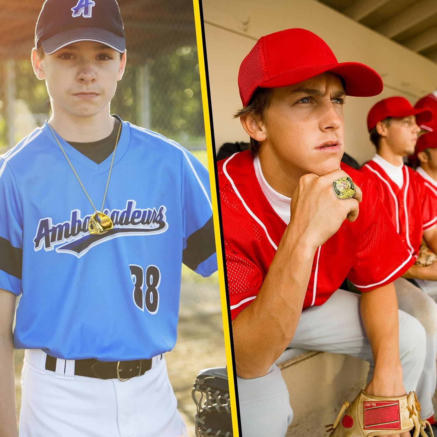 Baseball Championship Rings Gold Baseball Championship Trophy Rings With Neck Chain Sport Ball Award Gift for Champion Winner Tournament Team Prize Favor