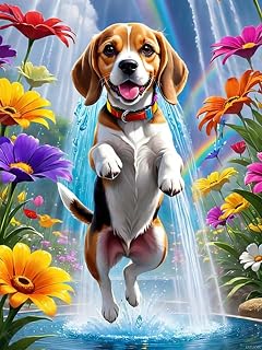 Beagle Diamond Art Painting Kits for Adults, Dog Playing in Water DIY Diamond Painting Set, Diamond Painting Pictures Home Wall Decor Entrance Decorations 12x16inch