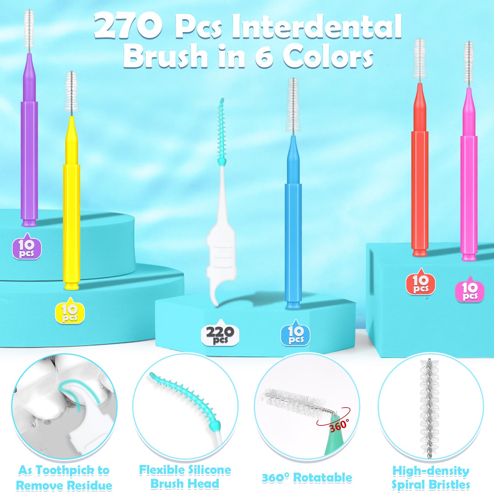 Jupwalz 270 cepillos interdentales de 6 tamaños, cerdas suaves, cabezales de hilo dental flexibles de 360°, cepillos dentales entre los dientes, kit de limpieza de dientes orales