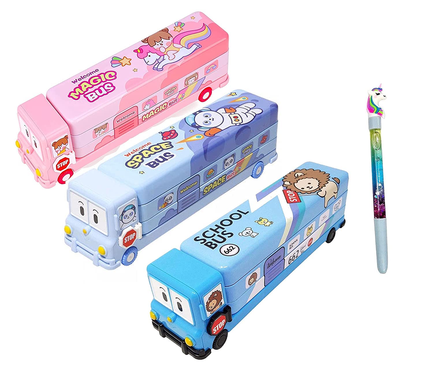 KOBBET®1pcs Bus Shape Pencil Box School Bus Geometry Box for Kids Magic Bus Space School Bus with Moving Tyres Metal Pencil Box with 3 Compartments & Cute Eyes (with Unicorn Pen, Random Collection) (B09XF71998) Amazon Price History, Amazon Price Tracker