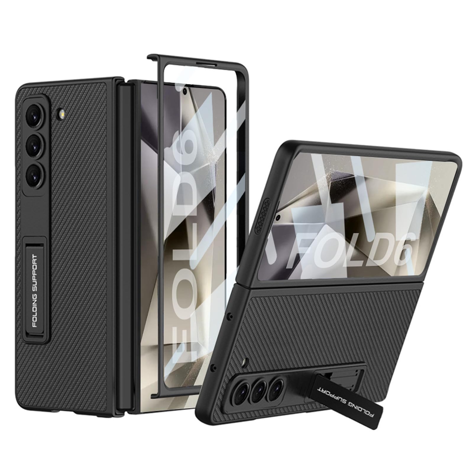 Kickstand Etui do telefonu Samsung Galaxy Z Fold 6, wąskie skórzane etui z teksturą z włókna węglowego, kompleksowa ochrona, odporne na wstrząsy, odporne na zarysowania, czarne, składane 6