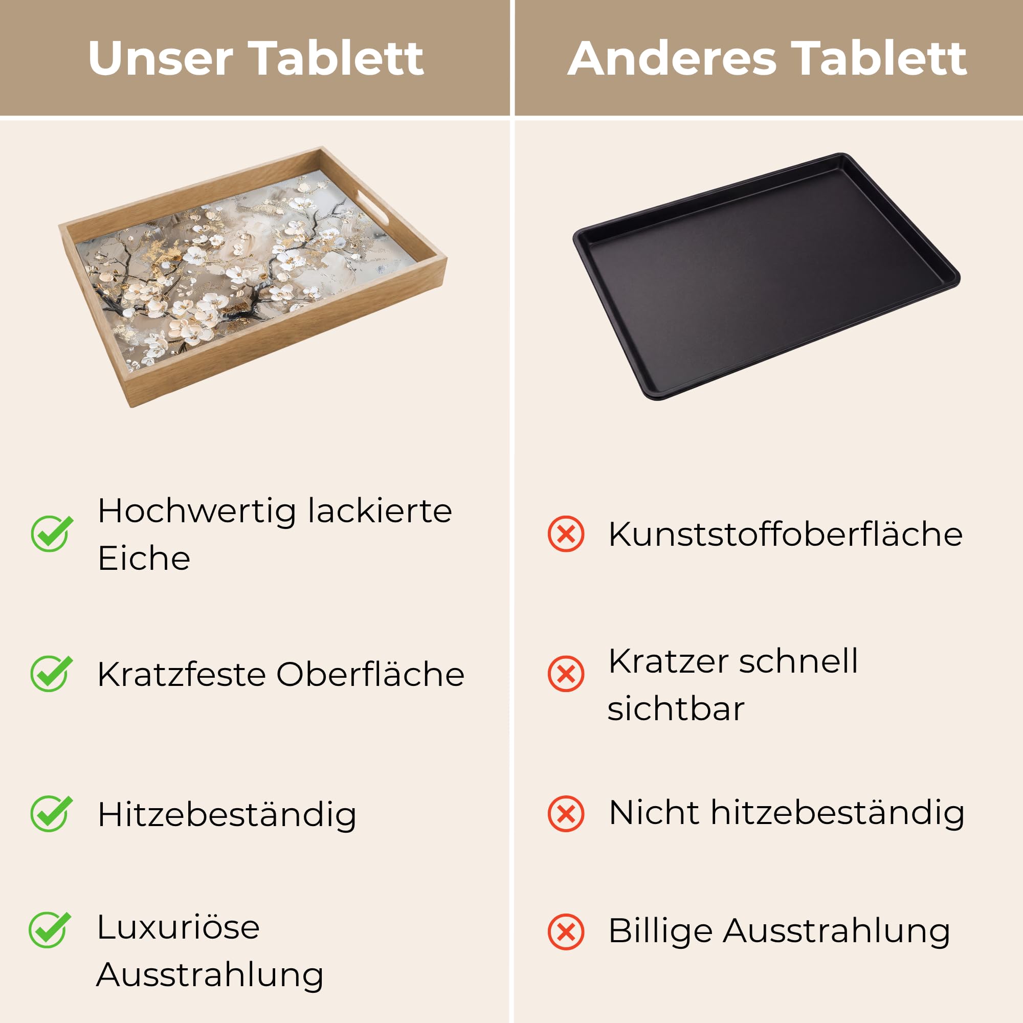 Serviertablett Rechteckig 50x35 cm Servierplatte Eiche Holz Tablett Mit Henkel Tray Kratzfest Kaffeetablett Tabletts Teetablett Blumen - Weiß - Gold - Beige - Luxus