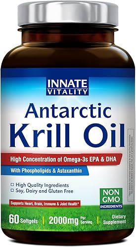 Innate Vitality Aceite de krill antártico 2000mg 60 cápsulas blandas, rico en Omega 3s, DHA EPA y concentración de fosfolípidos de astaxantina,