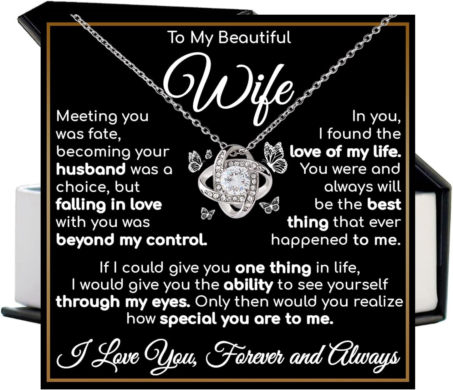 To My Wife Necklace From Husband, Anniversary Valentine Birthday Gift For Wife, 14K White Gold Love Knot Necklace With Message Card For Her, Husband And Wifes Necklaces Jewelry