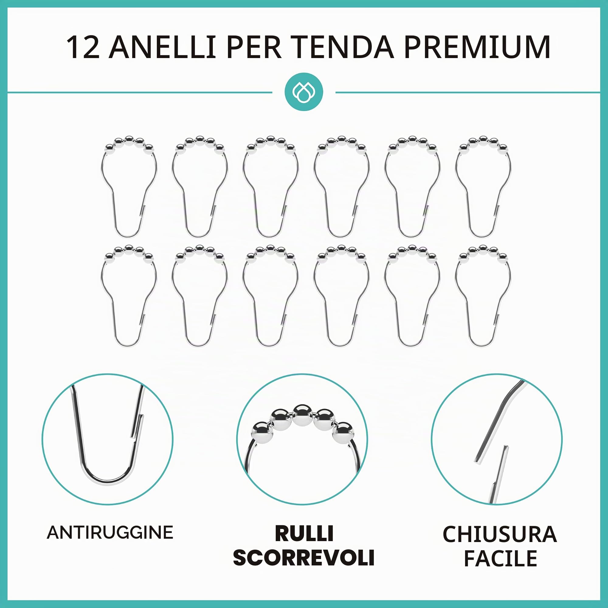 Asta per tenda da doccia senza foratura, con 12 anelli – Stabile asta telescopica da 120 – 215 cm senza foratura, in acciaio inox – Set di aste per tenda da doccia e vasca da bagno