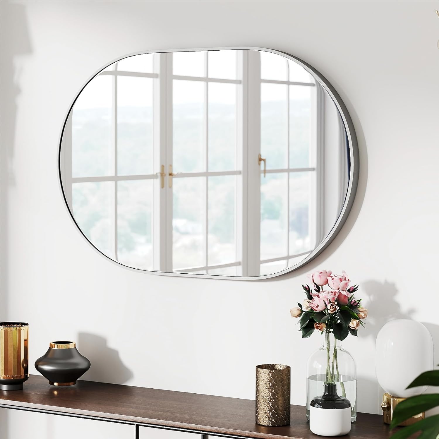 SCWF-GZ 36x24 Mirror Runway Oval Wall Mounted Aluminum Alloy Metal Frame Rectangle Mirrors for Entryway Bedroom Bathroom Living Room 36 24 inch Silver