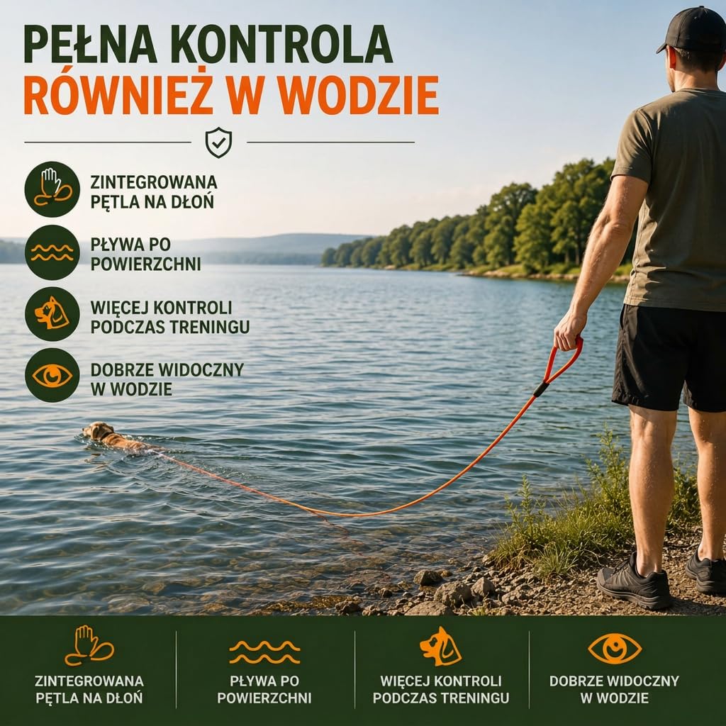 Pływająca smycz dla psów – wytrzymała smycz treningowa z paskiem na rękę i dobrze widocznym kolorem sygnałowym, trwała i elastyczna – idealna do treningu przywołania, gier wodnych i wolnego biegu (15