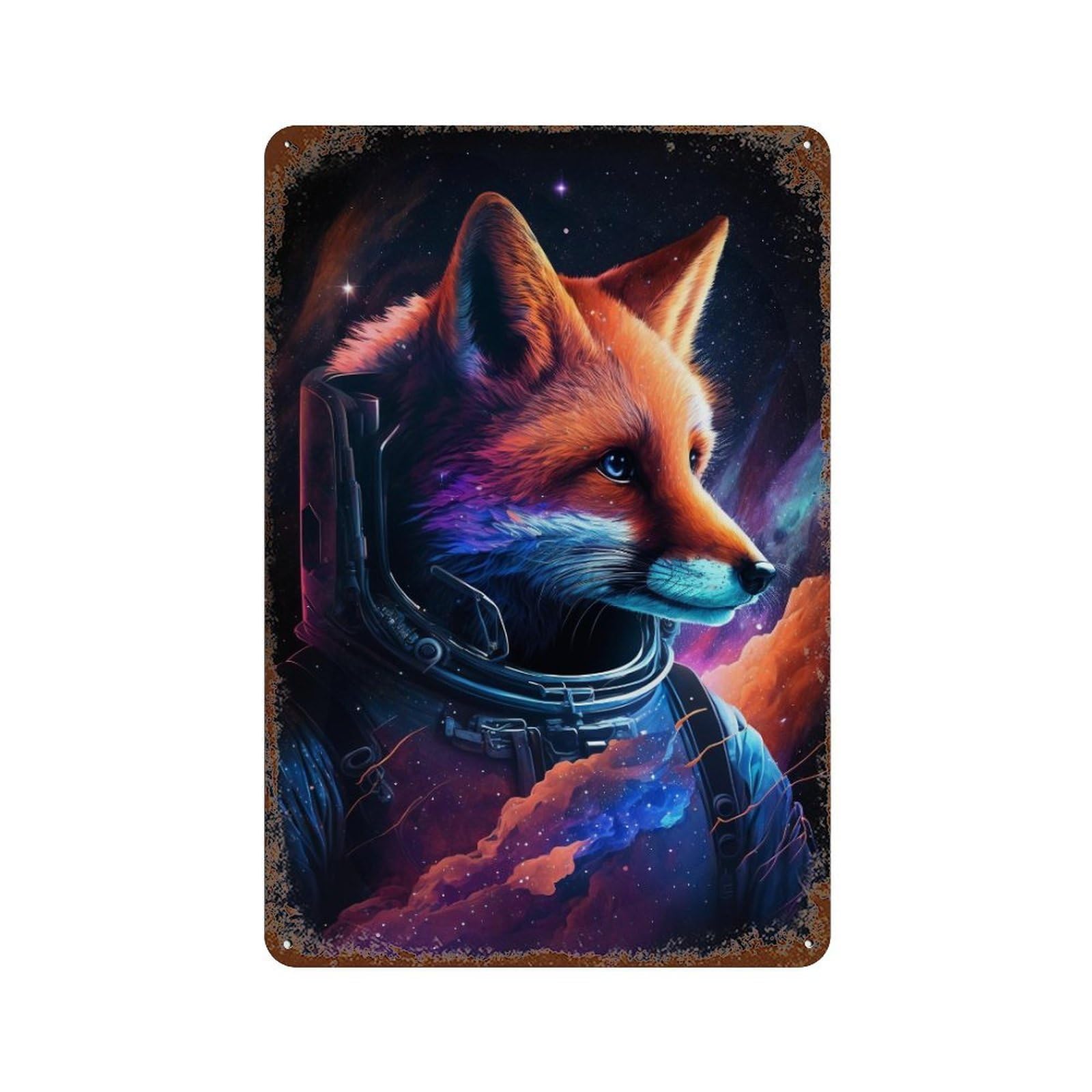 Cosmic Fox Astronaut Artwork 11.8"x7.9" Aged Metal Wall Plaque, Classic Wall Plaque for Basement, Hobby Room And Garage Decor