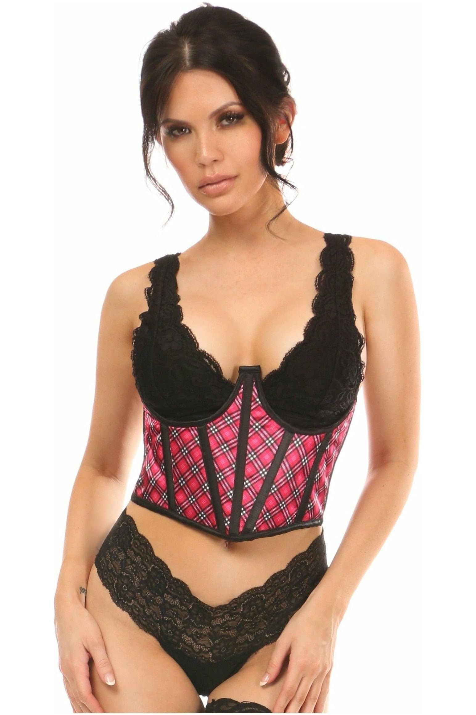 womens Lavish Pink Plaid Satin Open Cup Waist Cincher-image-10