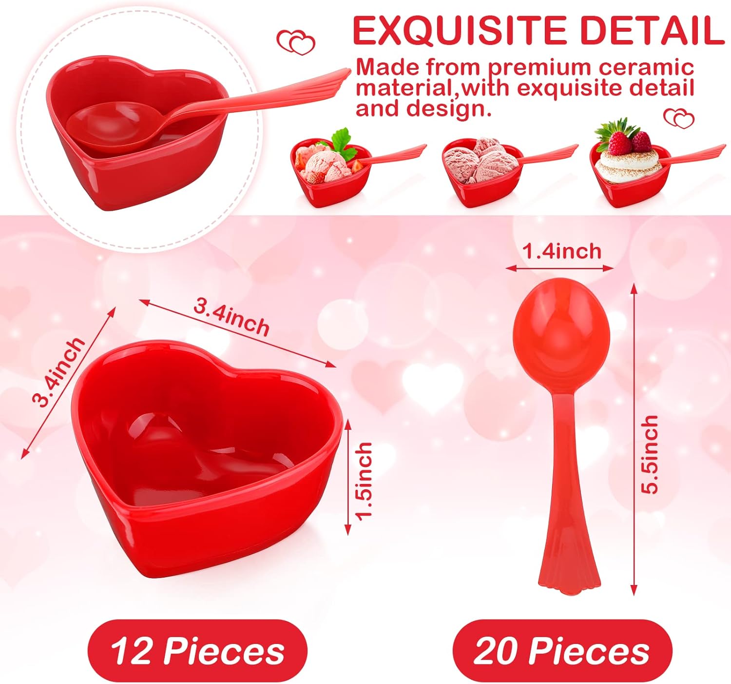 Suclain 12 Pcs Valentine‘s Day Heart Shaped Ceramic Bowls Mini Heart Sauce Dish Bowl Pudding Bowl Microwave Oven Safe Cake Bowls with 20 Plastic Spoon for Valentine‘s Day Party Supplies(Red)