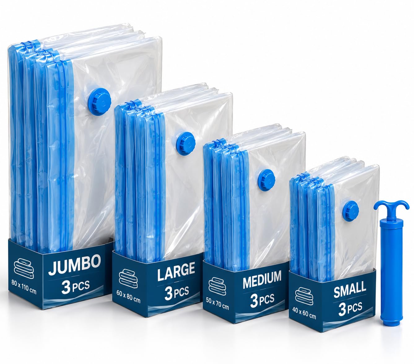 HomlyPro 12-Pack Vacuum Storage Bags, 3 of Each Size with Hand Pump, Space Saver Compression Bags with Airtight Zip Seal for Clothes Storage, Bedding, Blankets, Home & Vacuum Bags for Travel