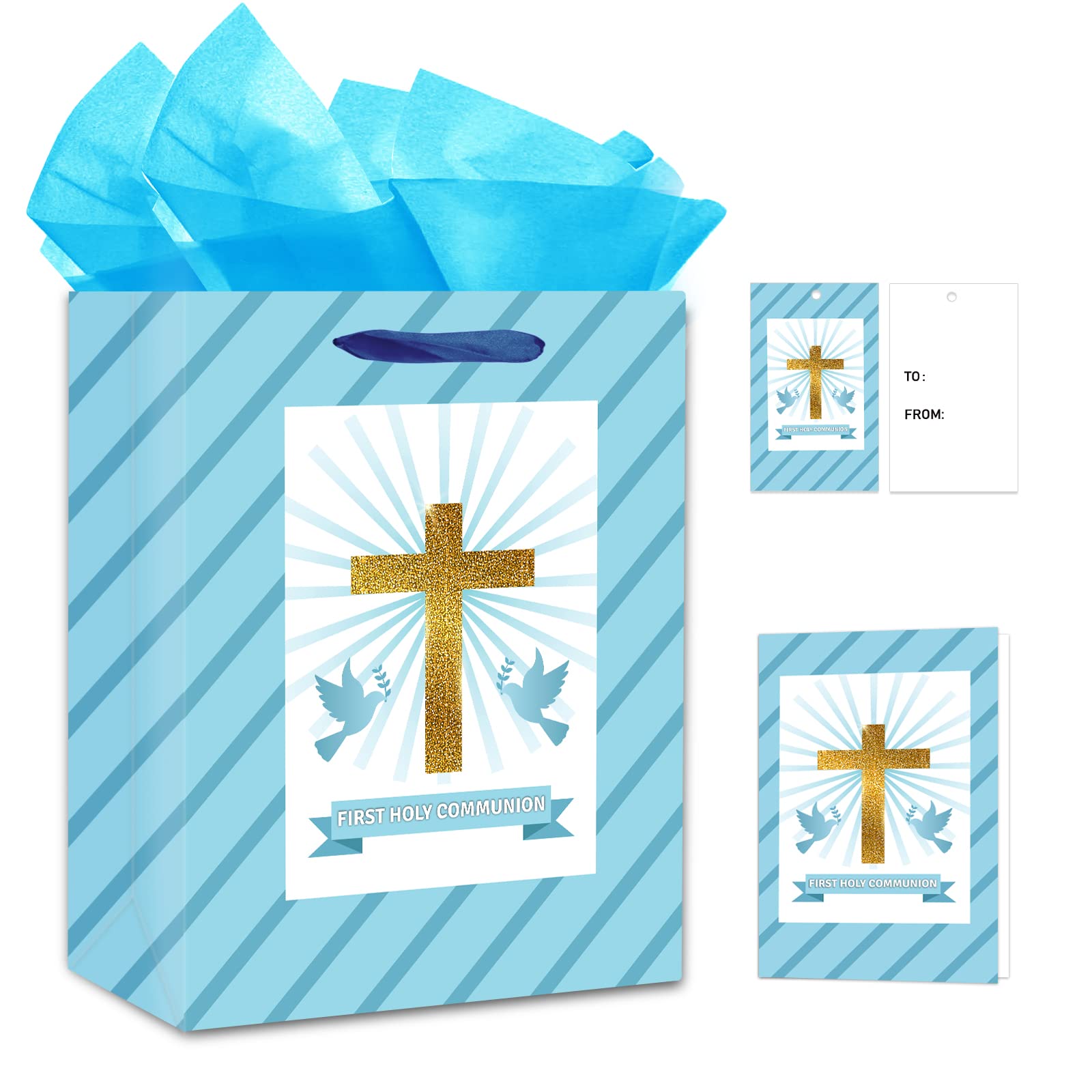 FLYAB First Holy Communion Gift Bag - 11.5" Baptism Gifts for Girls Boys First Communion Religious Cross Christian with Tissue Paper Handle Confirmations Gifts for Baby Boys Girls