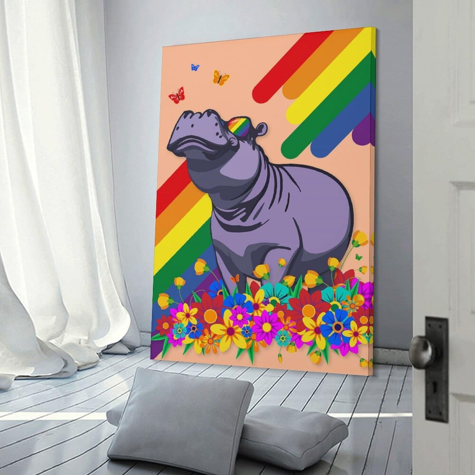 Junmoney Home Decor Wall Art Happy Rainbow Hippo, 12x18inch(30x45cm), for Gallery Wall Decor And Room Displays, An Easy Match for Collected Prints