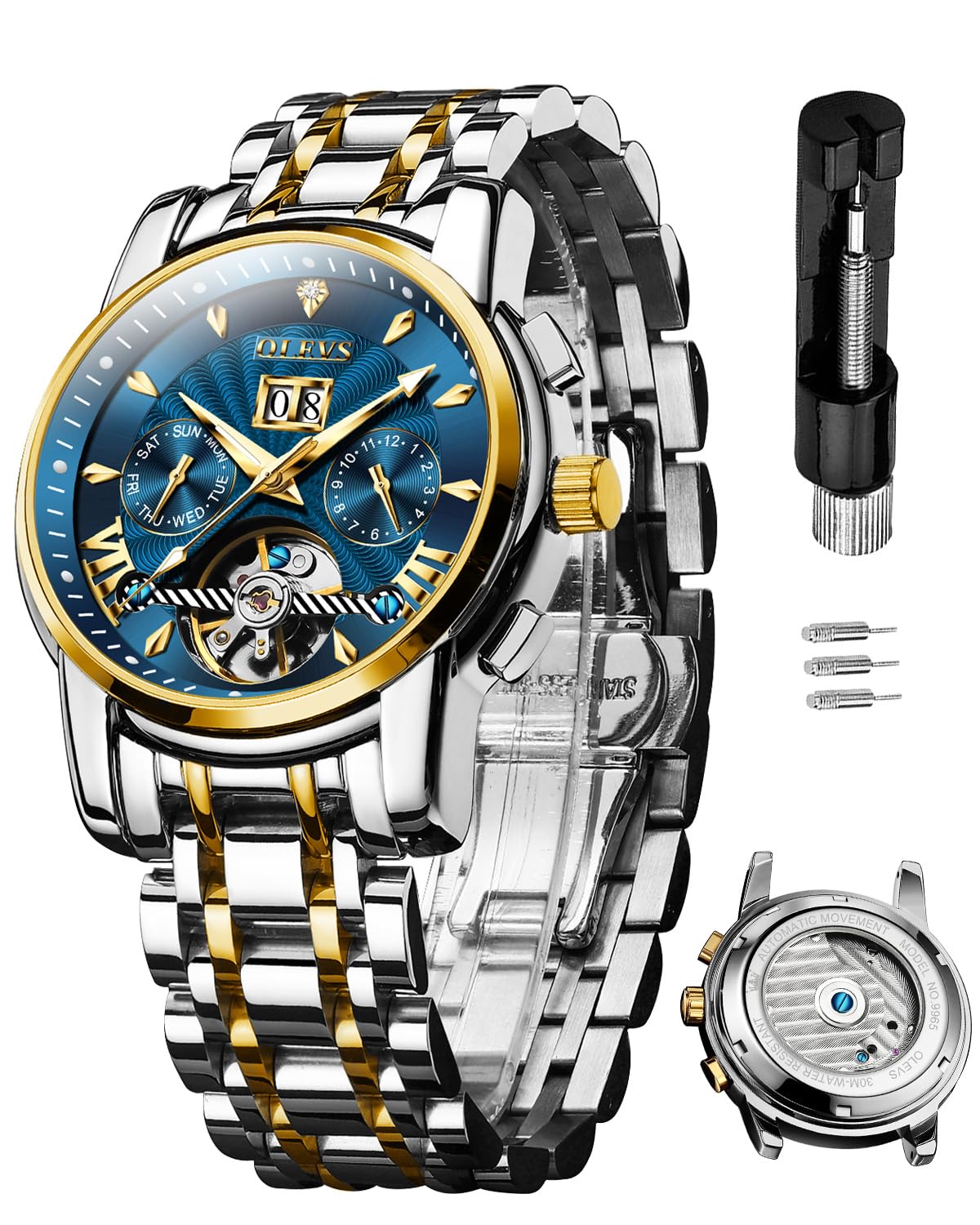 Watches for Men Automatic Skeleton 5 Hands Mechanical Luxury Watch Classic Calendar Stainless Steel Waterproof Mens Wrist Watch-image-10