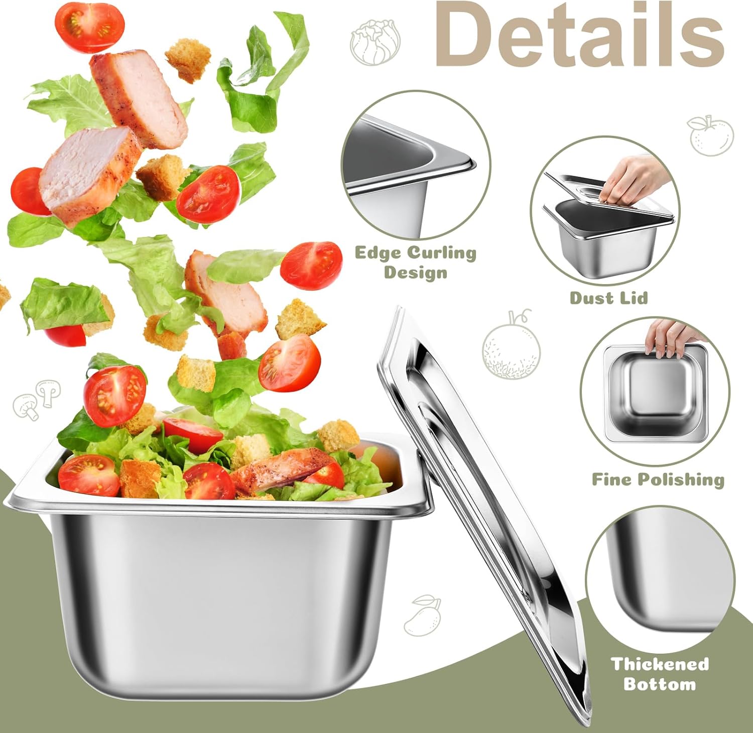 8 Set Stainless Steel Hotel Pans with Lids 1/6 Size 6 Inch Deep Steam Table Pan Stainless Food Storage Containers Stackable Metal Steamer Pan for Kitchen Restaurant Party Buffet Event Catering - Image 4