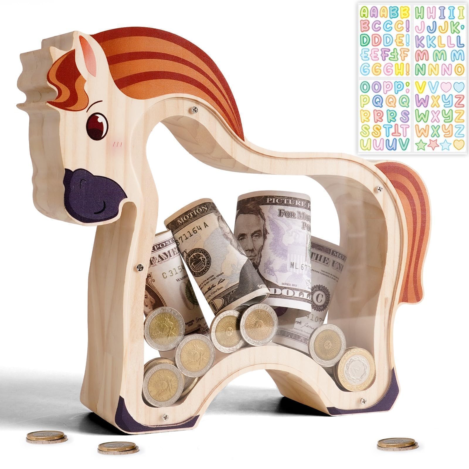 Uniwooder Wooden Brown Horse Piggy Bank for Kids, Unbreakable Brown Pony Coin Bank for Kids with Sticker, Wooden Toddler Money Jar Easter, Birthday