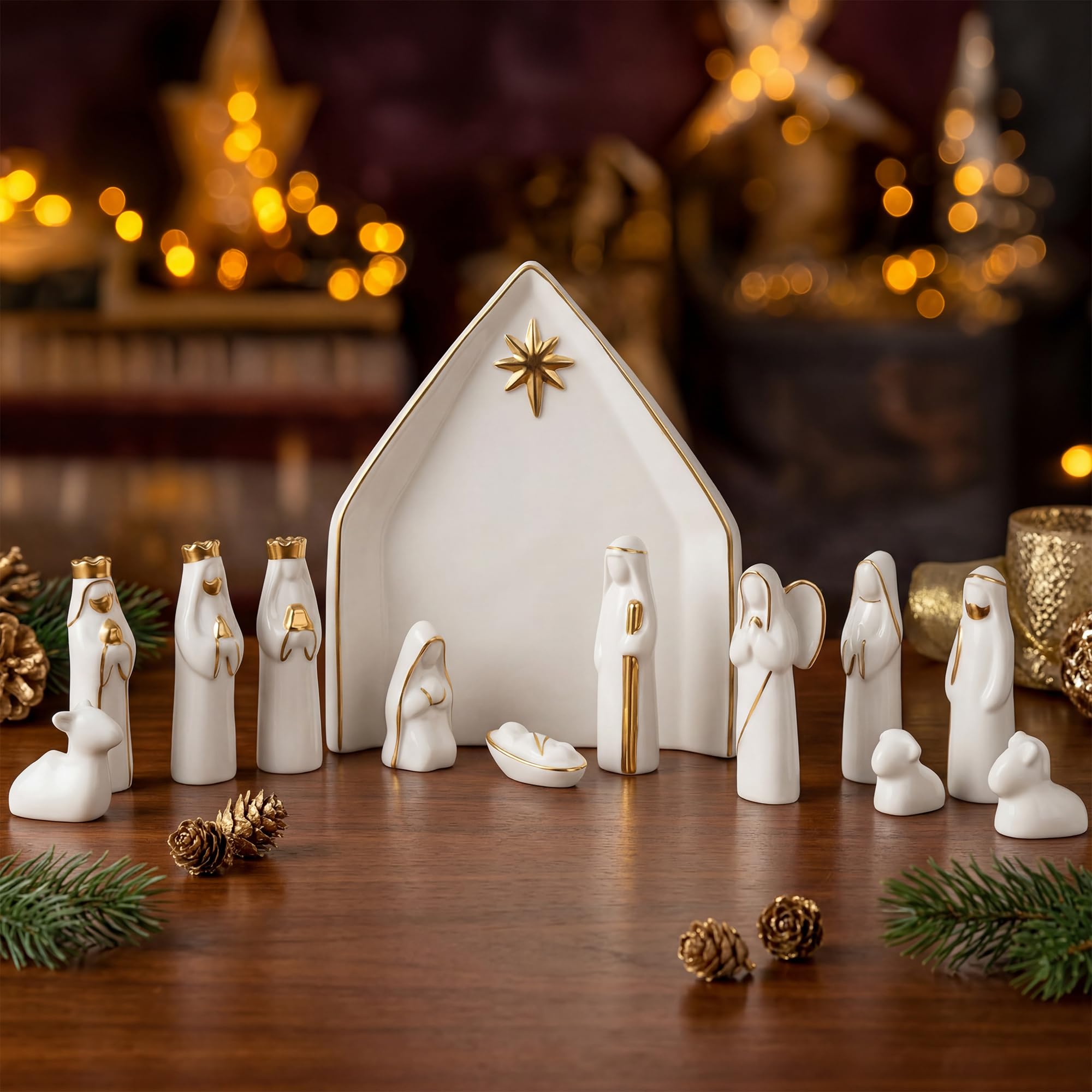 NEROSUN Ceramic 13Pcs Nativity Scene Set with Gold Trim