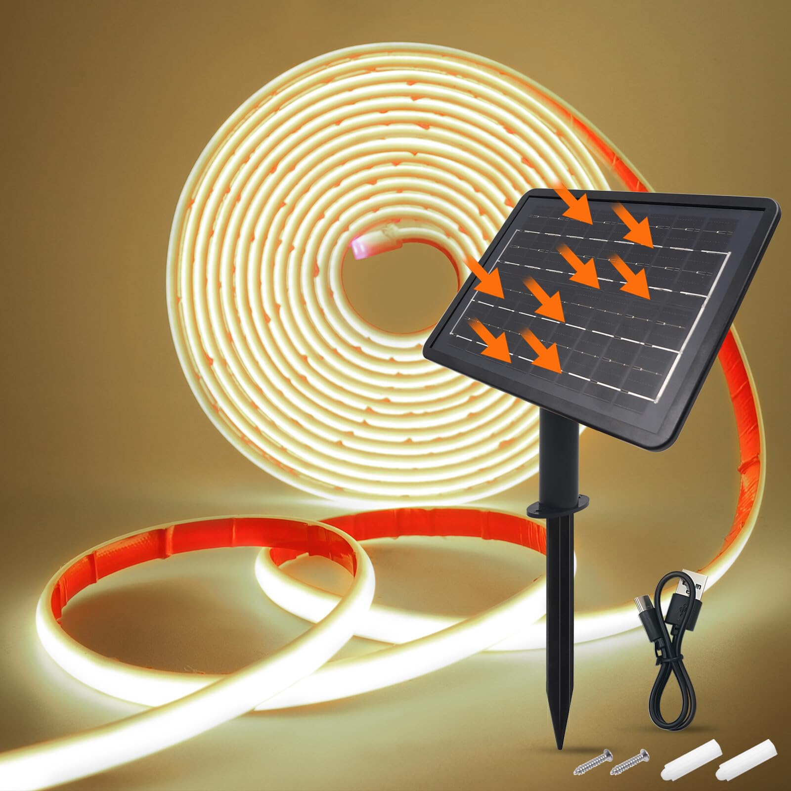 24V Solar COB Neón Tira, 8 Modos al aire libre IP68 cadena de luces autoadhesivas, Tira de luz solar Cuttable 5cm, 320LEDs/m Super brillante COB Neon LED tira para Garten (Blanco Natural，10m)