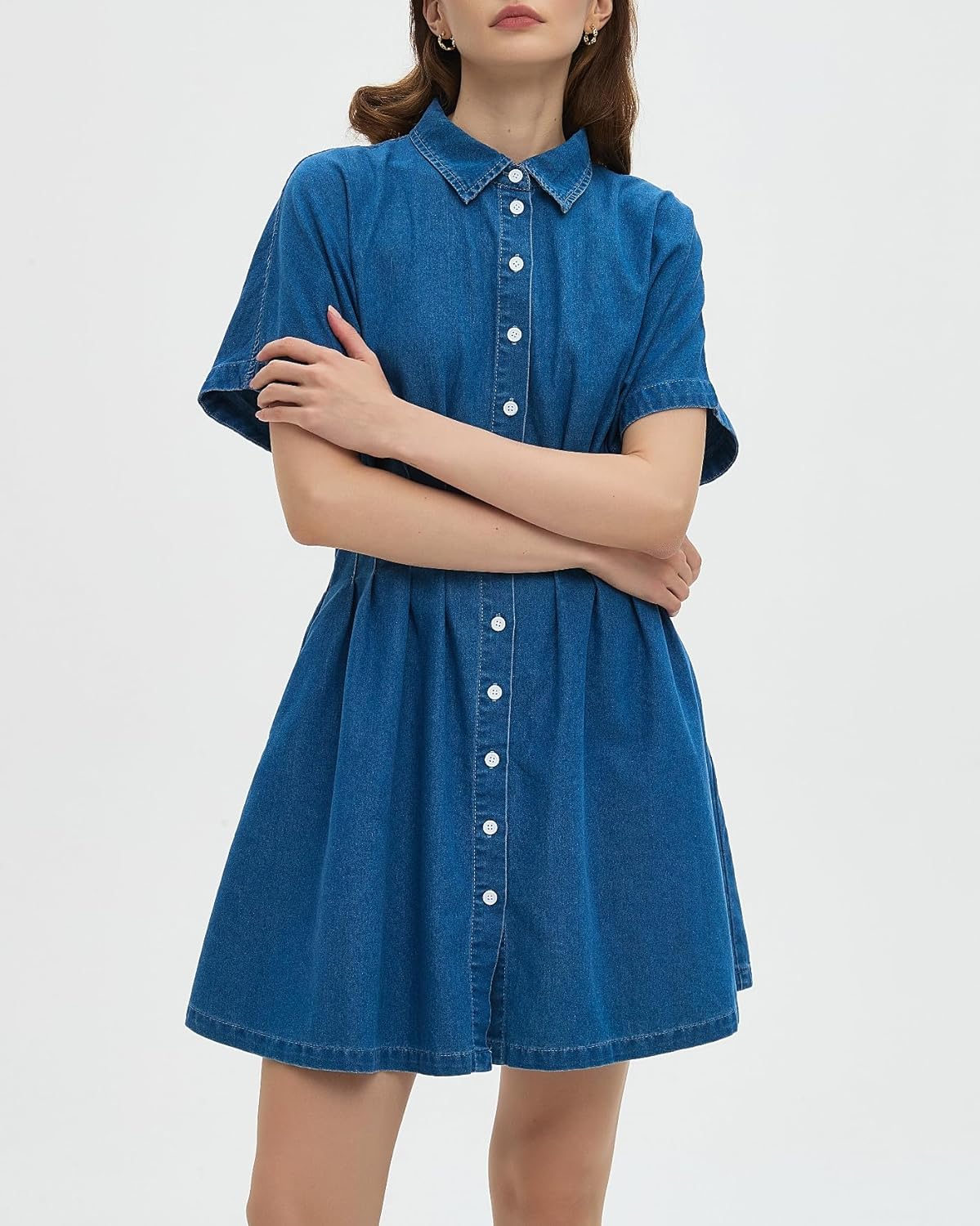 Women's Denim Dress Lapel V Neck Slim Fit Mini Jean Dress Button Down A-Line Short Dresses - Image 5