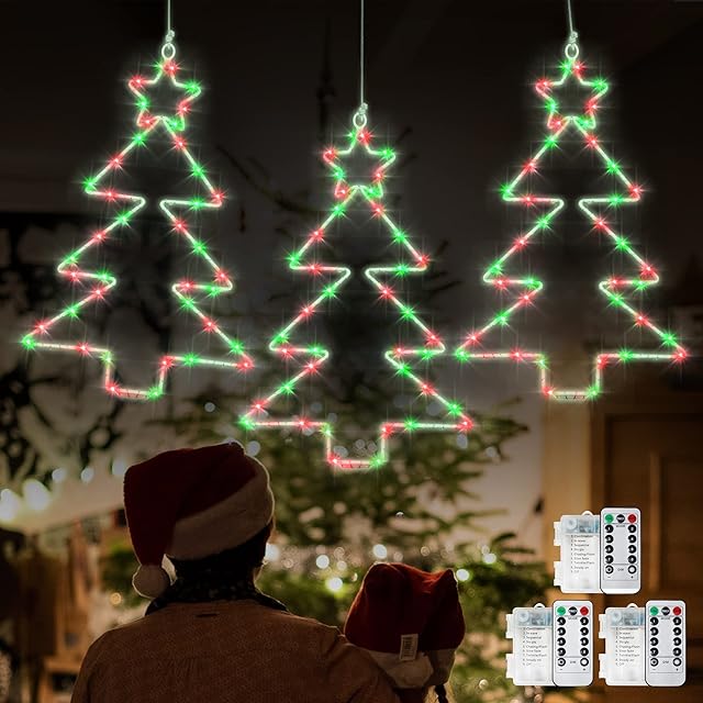 Heceltt Christmas Window Lights, 3 Packs Battery Operated 45 LED Window Hanging Lights with 8 Modes & Remote Christmas Tree Lights for Bedroom Wall Party Indoor Outdoor Decorations(Red & Green)